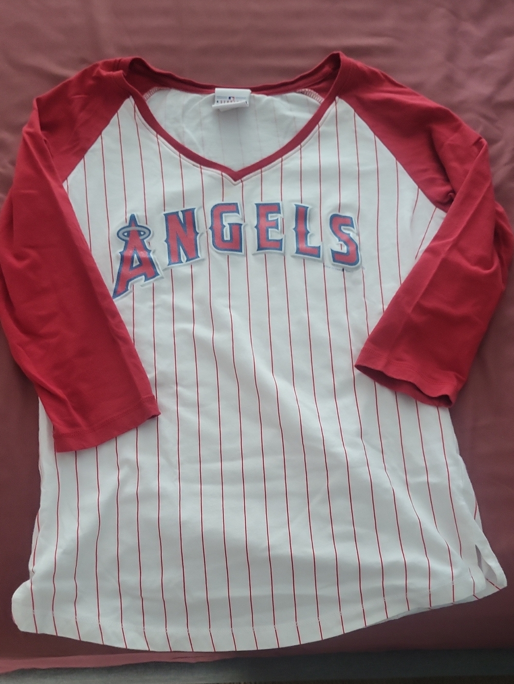 5th & Ocean Red and White Angels Raglan Baseball Tee